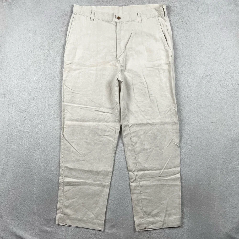 Jos A Bank Pants Mens 34x28 Straight Leg Cream 100% Linen Flat Front Preppy
